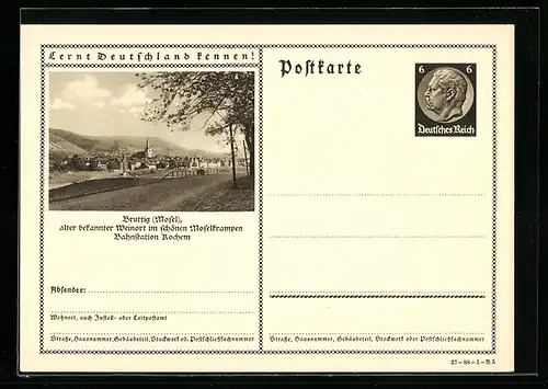 AK Bruttig, Ortsansicht mit Kirche, Ganzsache Lernt Deutschland kennen