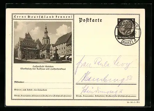 AK Eisleben, Marktplatz mit Rathaus und Lutherdenkmal, Ganzsache Lernt Deutschland kennen