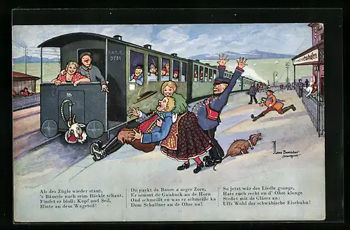 Künstler-AK Hans Boettcher: Einfahrende Eisenbahn mit Kopf eines Bockes