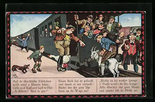 Künstler-AK Hans Boettcher: Schwäbische Eisenbahn, Mann bindet einen Ziegenbock an das Ende des Zuges
