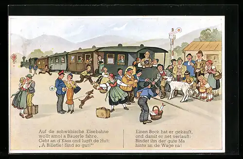Künstler-AK Hans Boettcher: Auf de schwäbische Eisebahne, Menschen mit Ziege am Bahnsteig