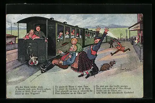 Künstler-AK Hans Boettcher: Einfahrende Eisenbahn mit Kopf eines Bockes