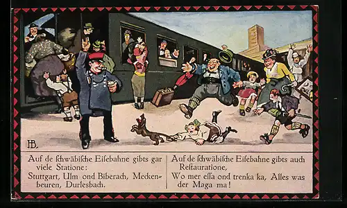 Künstler-AK Hans Boettcher: Auf de schwäbische Eisebahne gibts gar viele Statione: Stuttgart, Ulm ond Biberach