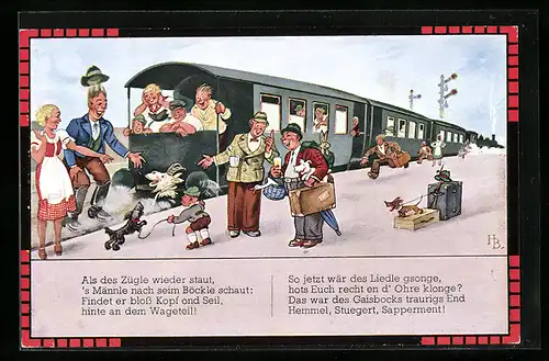 Künstler-AK Hans Boettcher: Auf de schwäbische Eisebahne, grosse Belustigung über abgerissenen Ziegenkopf