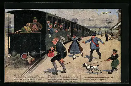 Künstler-AK Hans Boettcher: Auf de schwäbische Eisebahne, abgerissener Kopf des Gaisbocks am Zugende, Zeppelin
