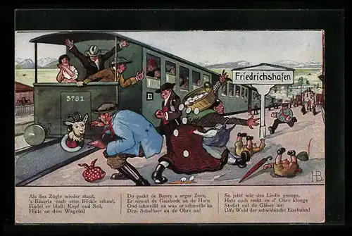 Künstler-AK Hans Boettcher: Schwäbische Eisenbahnen, Friedrichshafen, Mutter mit Kindern auf dem Bahnsteig