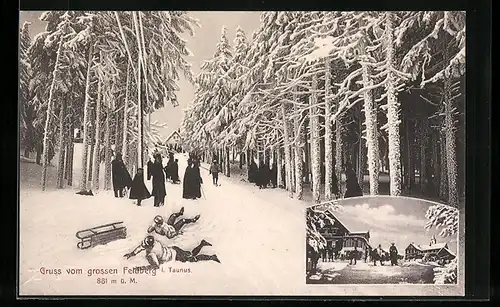 AK Feldberg, Blick zum Gasthaus auf dem Feldberg im Winter, Schlitten