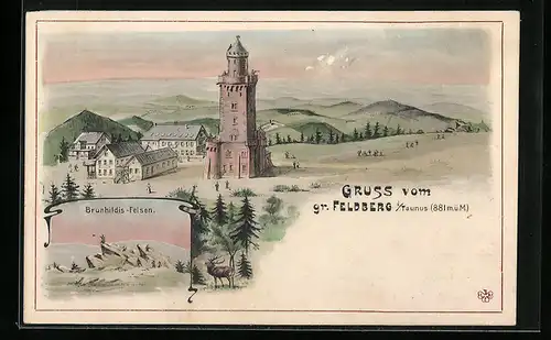 Künstler-AK Gr. Feldberg i. Taunus, Panorama mit Turm, Bunhildis-Felsen