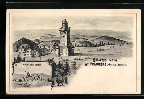 Künstler-AK Gr. Feldberg i. Taunus, Panorama mit Turm, Bunhildis-Felsen