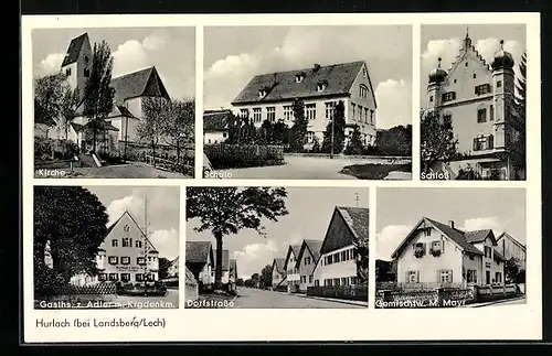 AK Hurlach, Blick auf Kirche, Schule, Schloss, Gasthaus zum Adler, Dorfstrasse und Gemischtwarenhandlung v. Th. Spatz