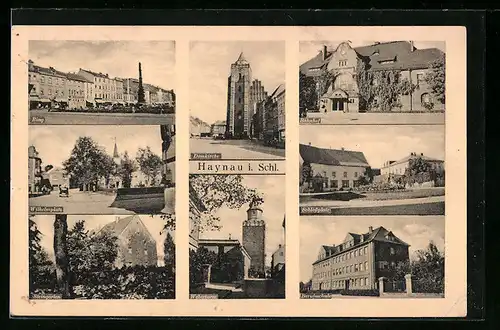 AK Haynau, Wilhelmsplatz, Ring, Bahnhof, Schlossplatz, Berufsschule, Weberturm, Domkirche