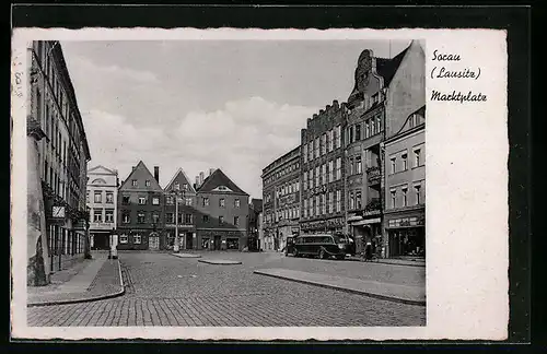 AK Sorau / Zary, Marktplatz mit Geschäften