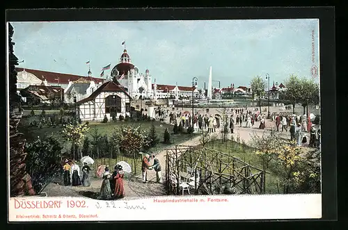 AK Düsseldorf, Industrie- & Gewerbe-Ausstellung 1902, Hauptindustriehalle mit Fontaine