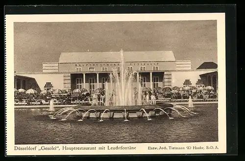 AK Düsseldorf, Gesolei 1926, Hauptrestaurant mit Leuchtfontäne