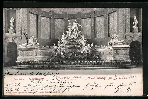 AK Dresden, Deutsche Städte-Ausstellung 1903, Hauptsaal mit Neptunbrunnen
