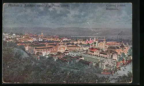Künstler-AK Prag, Jubiläums-Ausstellung 1908, Totalansicht mit Illumination