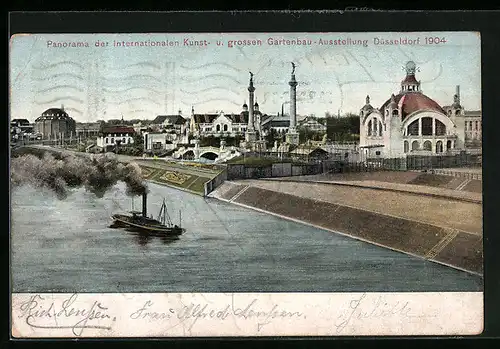 AK Düsseldorf, Internationale Kunst- und grosse Gartenbau-Ausstellung 1904, Panorama vom Wasser aus