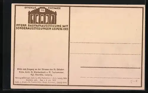 AK Leipzig, Intern. Baufachausstellung mit Sonderausstellungen 1913, Blick vom Eingang an der Strasse des 18. Oktober