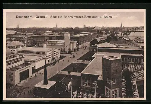 AK Düsseldorf, Gesolei, Blick auf Rheinterrassen-Restaurant und Brücke