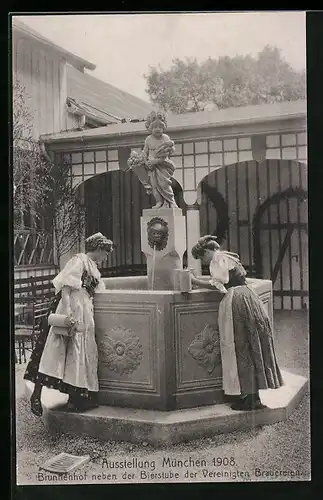 AK München, Ausstellung 1908, Brunnenhof neben der Bierstube der verinigten Brauerein