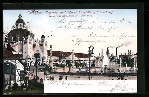 AK Düsseldorf, Industrie-, Gewerbe- und Kunst-Ausstellung, Haupt-Industriehalle mit Fontänen