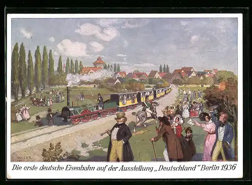 Künstler-AK Berlin, Ausstellung Deutschland 1936, 1. deutsche Eisenbahn unter Dampf