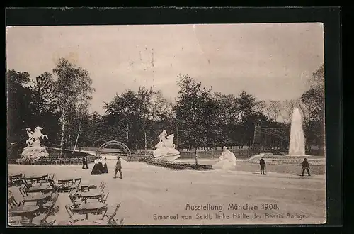 AK München, Ausstellung 1908, Emanuel von Seidl, linke Hälfte der Bassin-Anlage