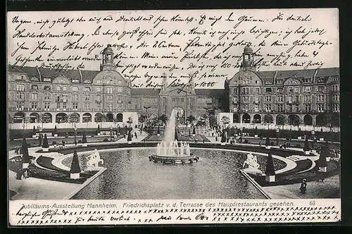 AK Mannheim, Internationale Kunst- & grosse Gartenbau-Ausstellung 1907, Friedrichsplatz mit Fontäne