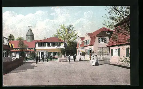 AK Dresden, Kunstgewerbe-Ausstellung 1906, Dorfplatz (Gebäudegruppe für Arbeiterwohlfahrt)