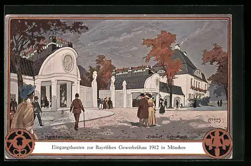 Künstler-AK München, Eingangsbauten zur Bayrischen Gewerbeschau 1912, Haupteingang