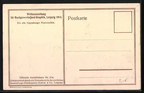 AK Leipzig, Die alte Haynsburger Papiermühlw, Buchgewerbe-Ausstellung 1914