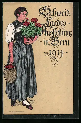 Künstler-AK Bern, Schweizer Landes-Ausstellung 1914, Frau mit Topfblumen