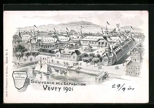 AK Vevey, Exposition 1901, Totale mit Mont Pélerin, Ausstellung