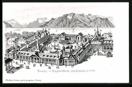 Lithographie Vevey, Exposition cantonale 1901, Panorama, Ausstellung