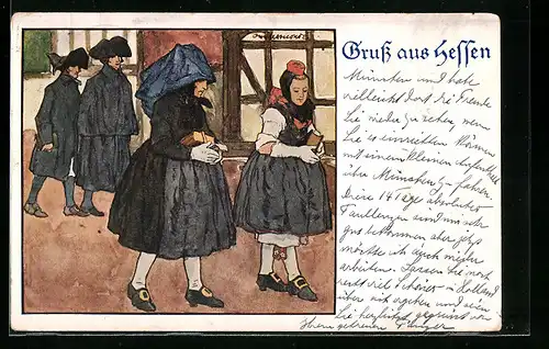 Künstler-AK Otto Ubbelohde: Frauen und Herren in hessischen Trachten im historischen Ort