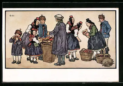 Künstler-AK Otto Ubbelohde: Bürger in hessischen Trachten auf dem Schwälmer Markt