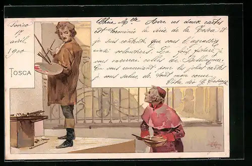 Künstler-AK Leopoldo Metlicovitz unsign: Tosca, Geistlicher hilft einem Maler bei der Arbeit