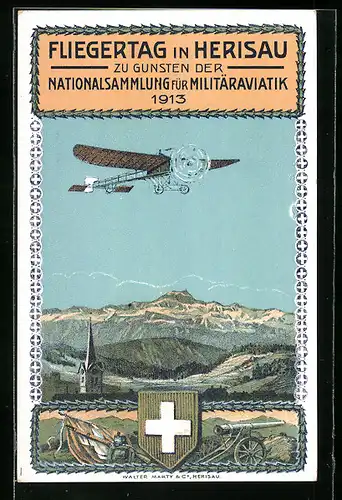 AK Herisau, Nationalsammlung für Militäraviatik 1913, Flugzeug, Kirche und Wappen