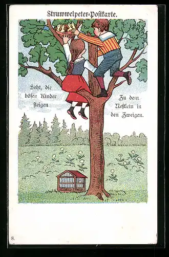 Lithographie Struwwelpeter, Seht, die bösen Kinder steigen Zu den Nestlein in den Zweigen, Kinderbuch von H. Hoffmann