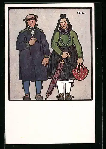 Künstler-AK Otto Ubbelohde: Paar in hessischer Tracht mit Zigarre, Schirm und Beutel