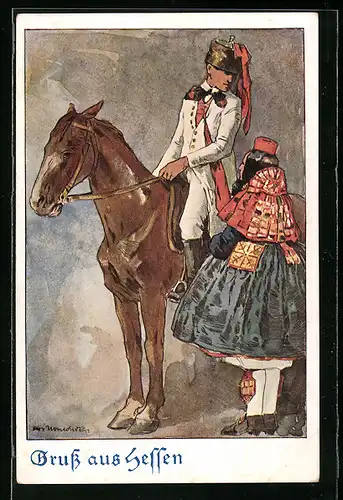 Künstler-AK Otto Ubbelohde: Hessischer Reiter und Frau in Tracht