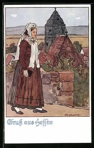 Künstler-AK Otto Ubbelohde: Gruss aus Hessen, Frau in Tracht beim Kirchgang