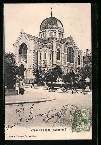 AK Chaux-de-Fonds, Synagoge und passierendes Fuhrwerk