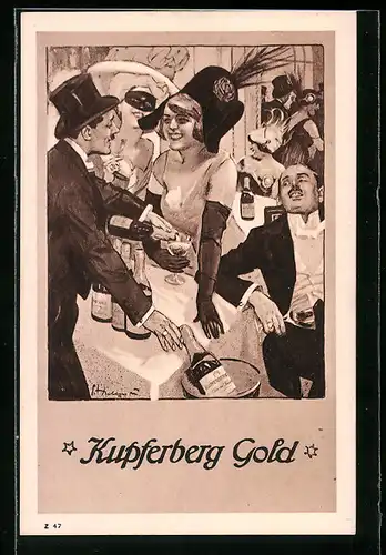 Künstler-AK Ernst Heilemann: Reklame für Kupferberg Gold, Feiernde beim Maskenball