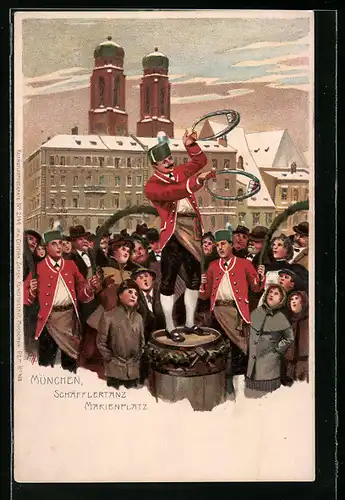 Künstler-Lithographie Paul Hey: München, Schäfflertanz am Marienplatz