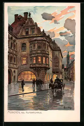 Künstler-Lithographie Paul Hey: München, Pferdekutsche am Kgl. Hofbräuhaus