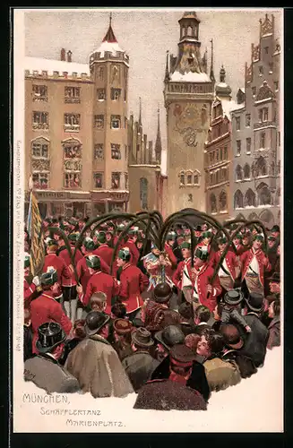 Künstler-Lithographie Paul Hey: München, Schäfflertanz, Marienplatz
