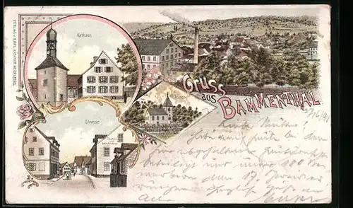 Lithographie Bammenthal, Rathaus, Strasse, Kirche