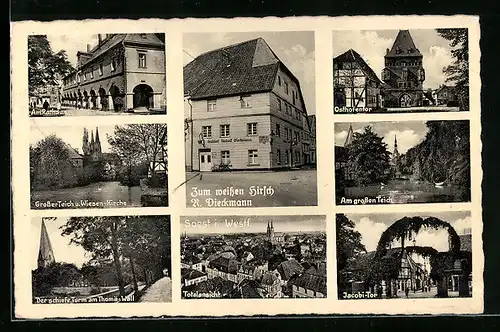AK Soest, Gasthaus Zum weissen Hirsch, Jakobistrasse 12, Am Rathaus, Grosser Teich u. Wiesen-Kirche