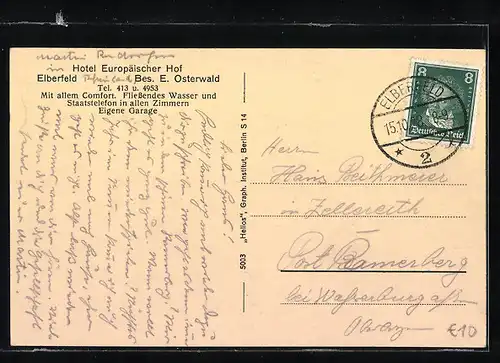 AK Elberfeld, Hotel Europäischer Hof vom Brausenwerth aus gesehen